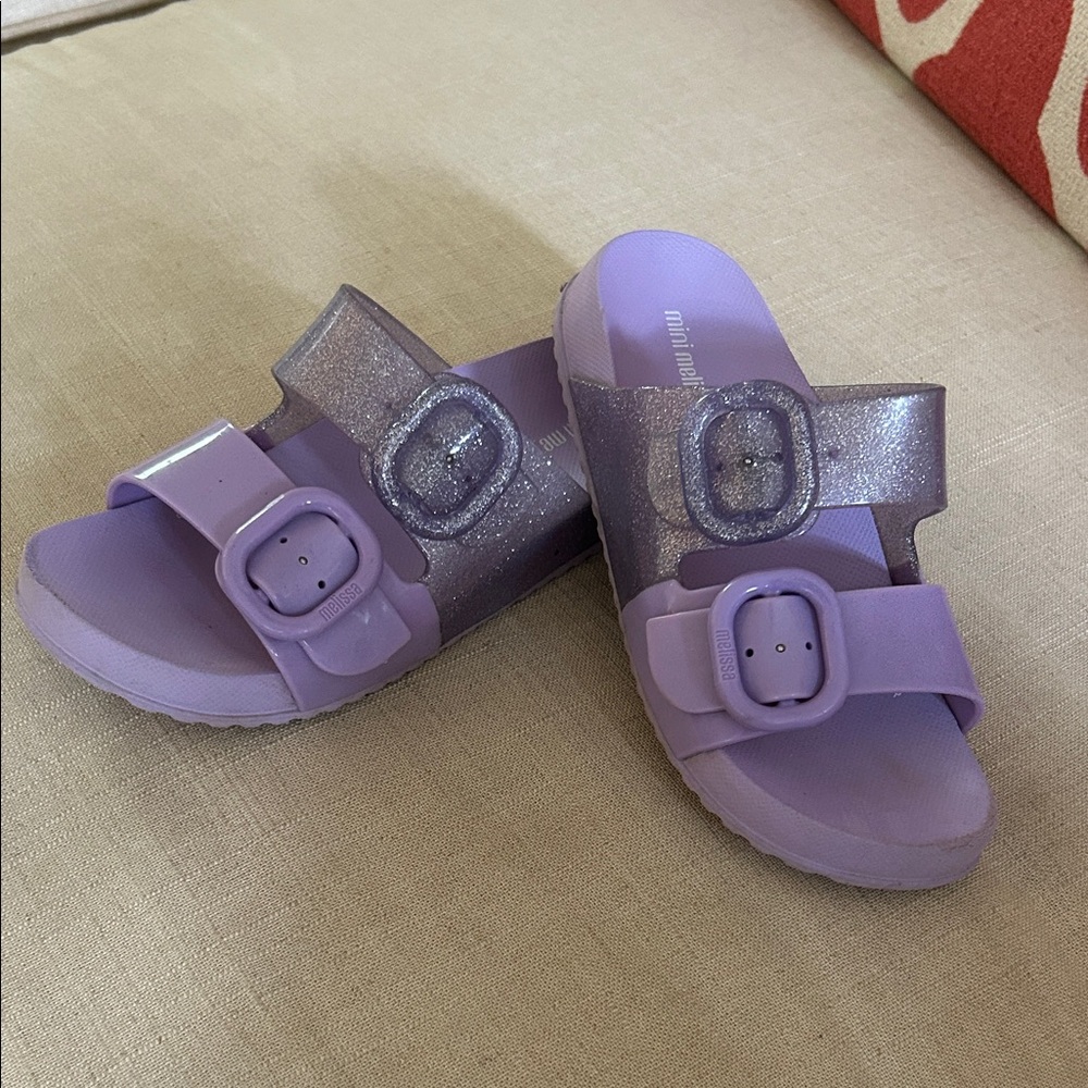 Mini Melissa Lavender Glitter Buckle Slide Sandals